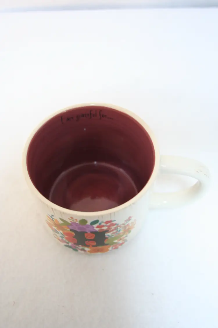 Natural Life H Floral I am Grateful For Coffee Tea Mug Cup Burgundy orange Green
