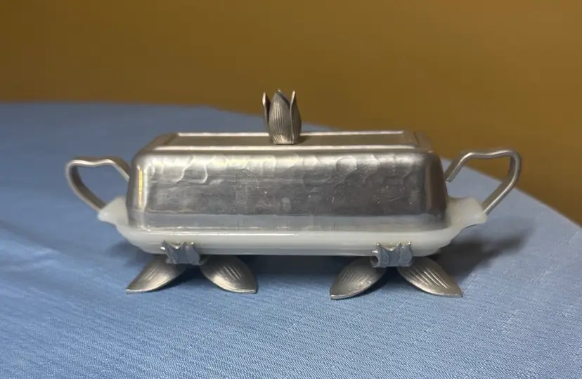 Rodney Kent Hammered Aluminum Covered Butter Dish With Fire King milk glass