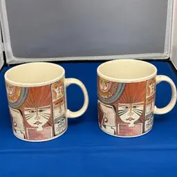 Two Vintage LAUREL BURCH “Primordial Dream” Coffee Mugs w/ Gold, Japan, Otagiri
