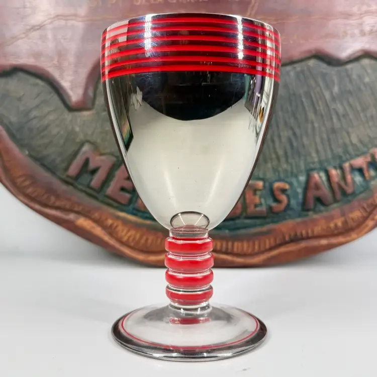ART DECO Platinum Plated GLASS GOBLET Czech VTG Barware ENAMELED Red Details