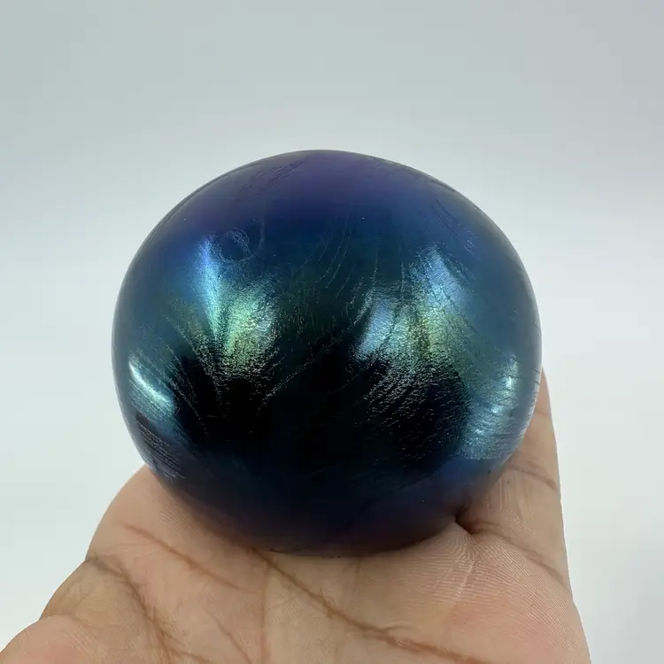 W E Porter Studio Art Glass Peacock Feather Design 1987 Purple Blue Paperweight Signed