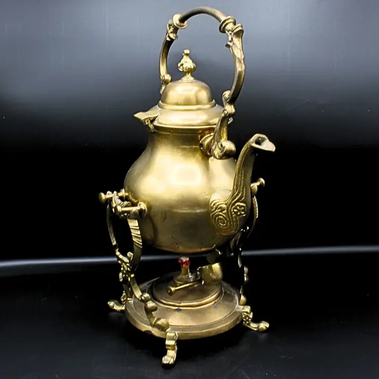 Antique Brass Tilting Teapot on Stand with Burner Ornate Victorian Style