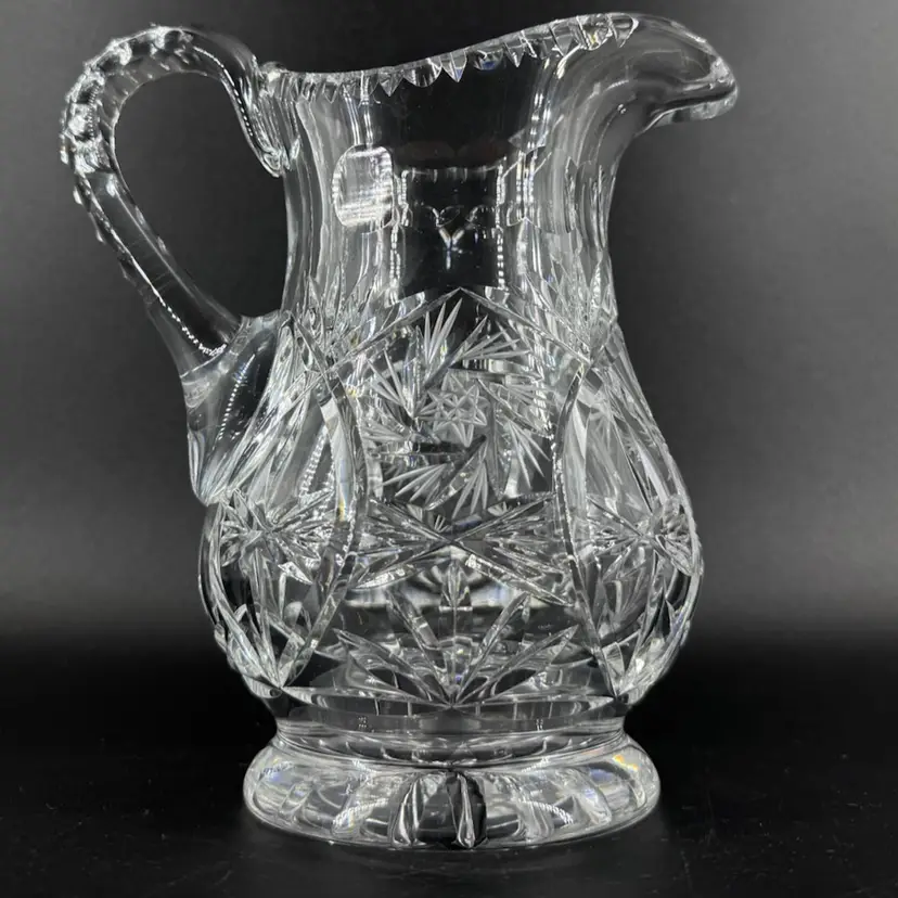 Vintage Bohemian Clear Crystal Pitcher 7”