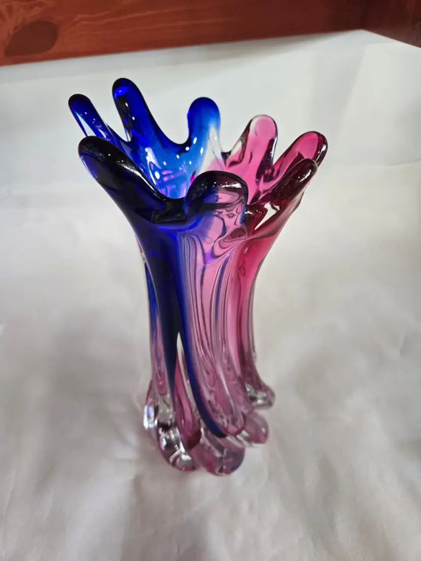 Vintage Murano Hand Blown Pink & Blue Twisted Art Glass Swung Vase