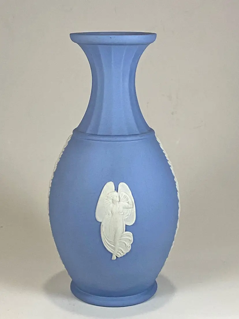 Wedgwood Jasperware Blue Bud Vase White Detail Goddess Angels 6" Made in England