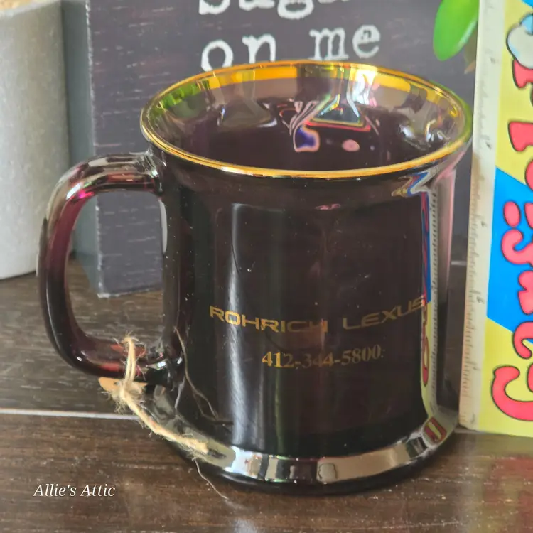 Vintage Lexus Car Logo Smokey Purple Glass Coffee Mug Cup Gold Trim Rohrich USA