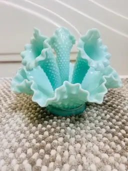 FENTON Epergne Hobnail Mint Green Glass Three Horns 6-1/2" tall x 8" Dia
