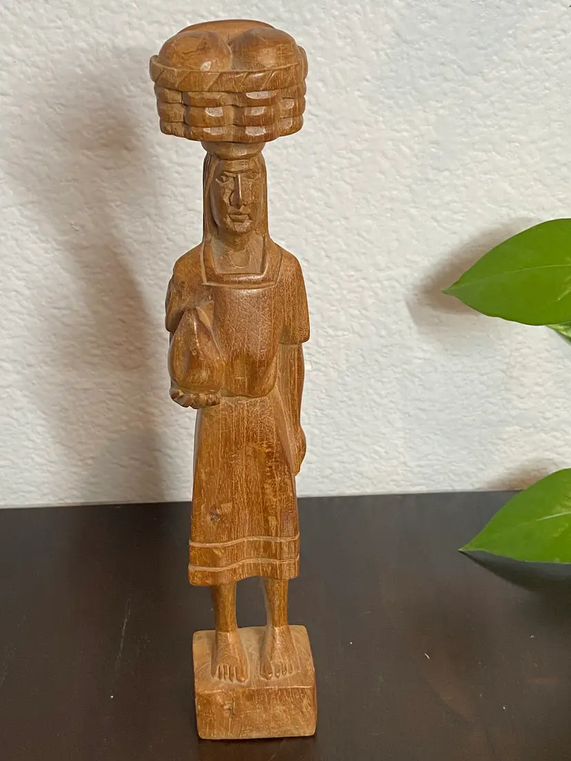 Hand Carved Wooden Sculpture of Woman w/Head Basket