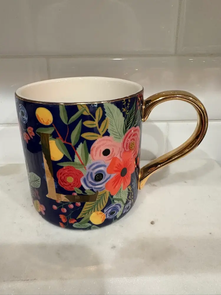 Rifle Paper Co. Anthropologie Coffee Cup Mug Monogram Gold Letter "L”