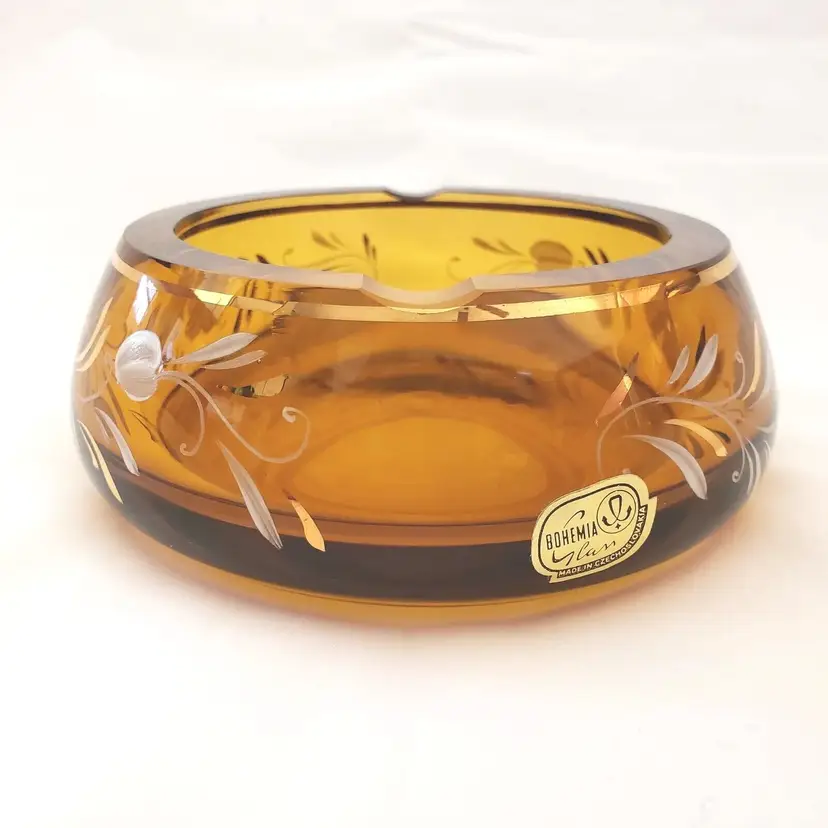 Bohemia Glass ASHTRAY Bohemia Czech 4¾" Original Sticker Floral & Gold