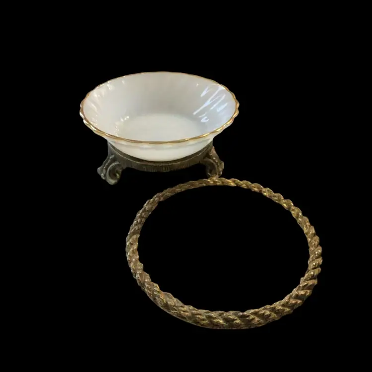 Vintage Anchor Hocking Milk Glass Gold Trim Bowl With Brass Rope Trim (removable) And Celeste Metal Base (removable)