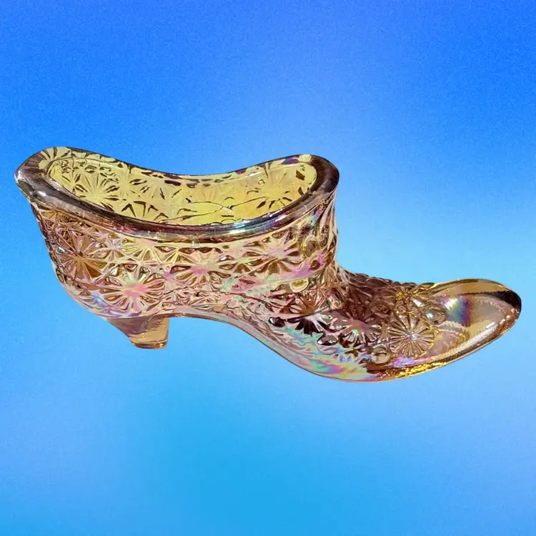 Vintage L.E. Smith Iridescent Amber Carnival Glass Daisy & Button Shoe