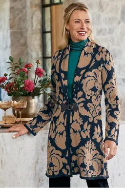 Soft Surroundings D’Orsay Long Cardigan Wool Blend Jacquard Duster Sweater P L