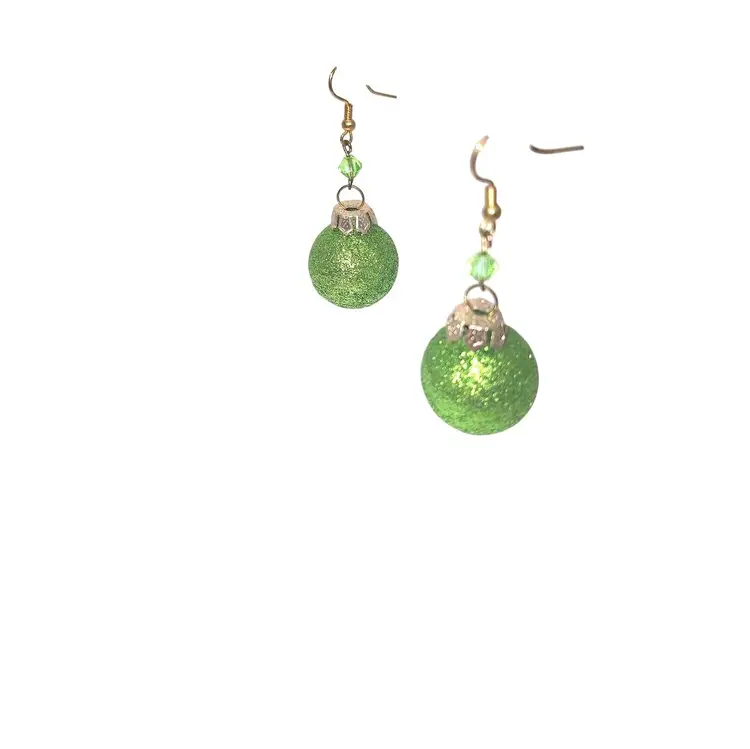 Christmas Ornament Earrings Green Sparkly Ball Green Bead