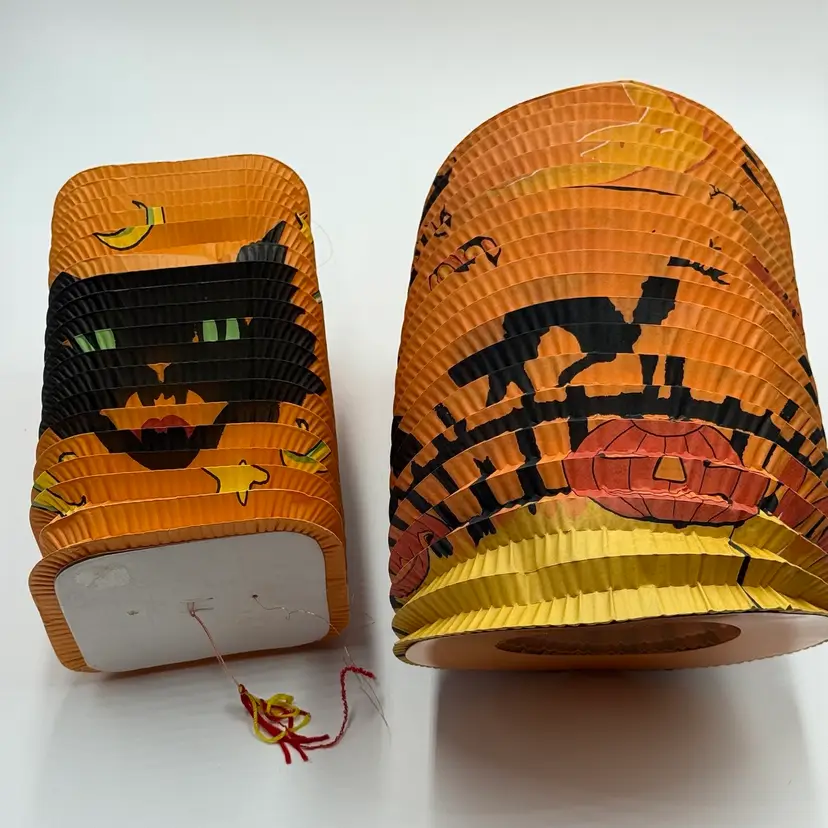 Halloween Orange Black Paper Accordion Two Hanging Lanterns Flying Witch Black Cat