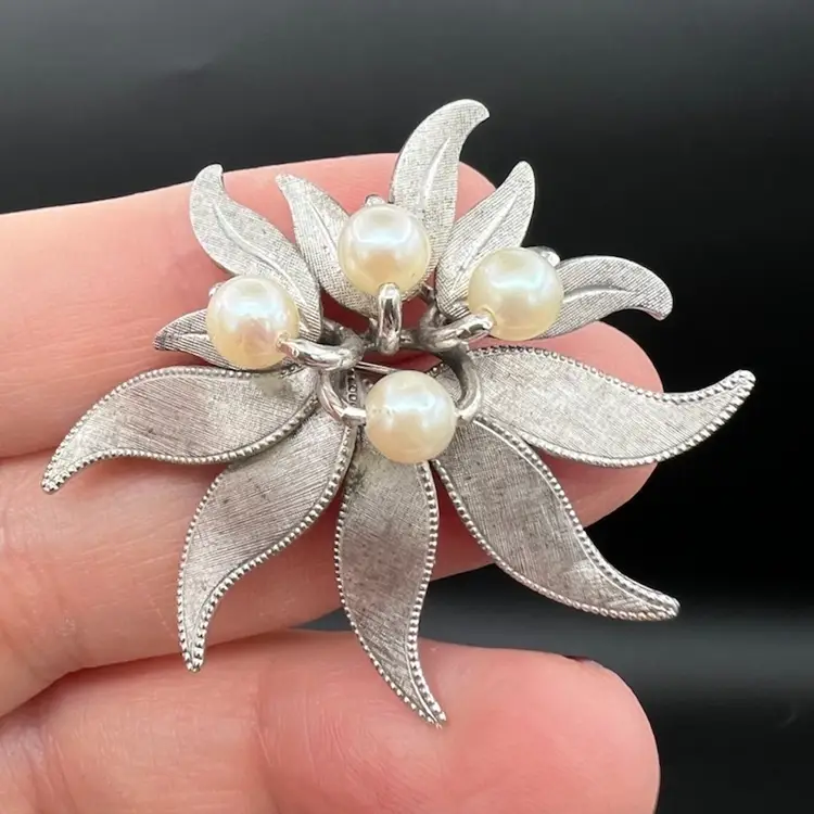 Van Dell Sterling Silver Floral Spray With Cultured Pearls Brooch