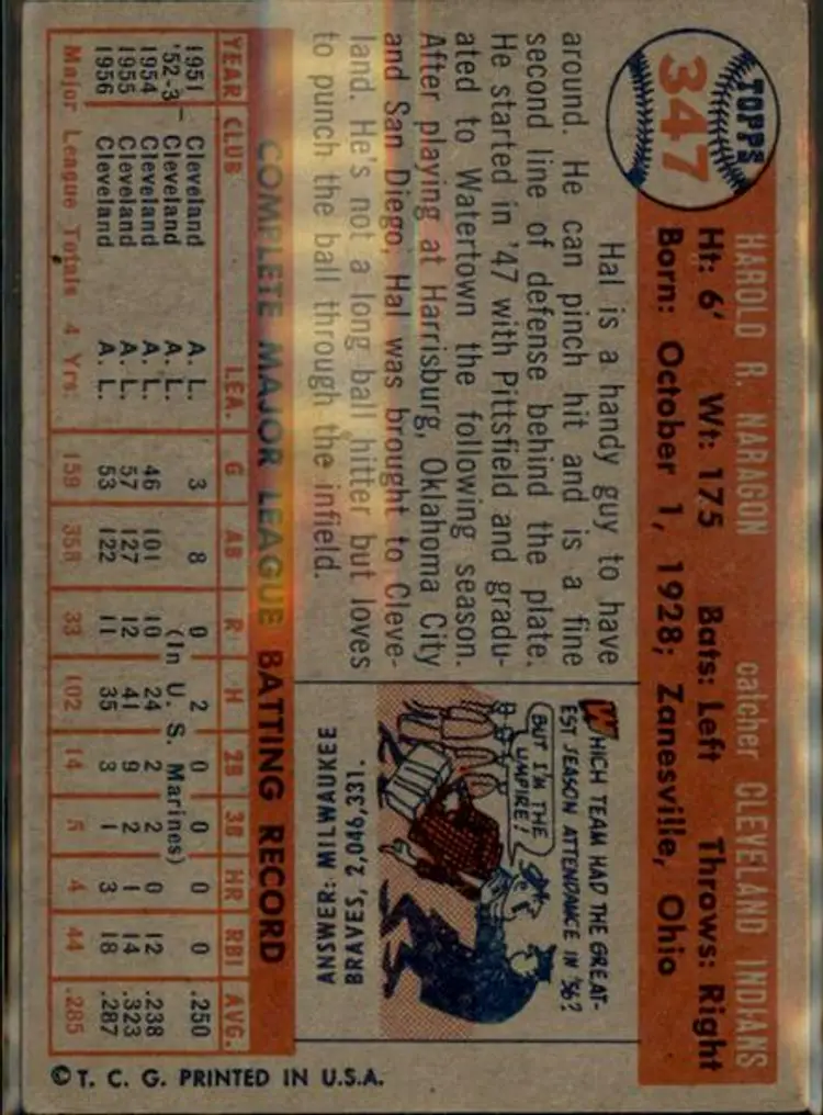 1957 Topps #347 Hal Naragon - ( pk1 ) - Cleveland Indians