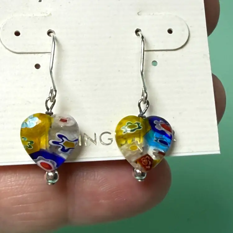 Sterling Silver Multicolored Millefiori Glass Heart Dangle Earrings fmc New NWT