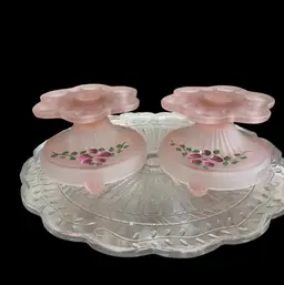 Old Colony Frosted Pink “Lace Edge” Candle Holders Set of 2