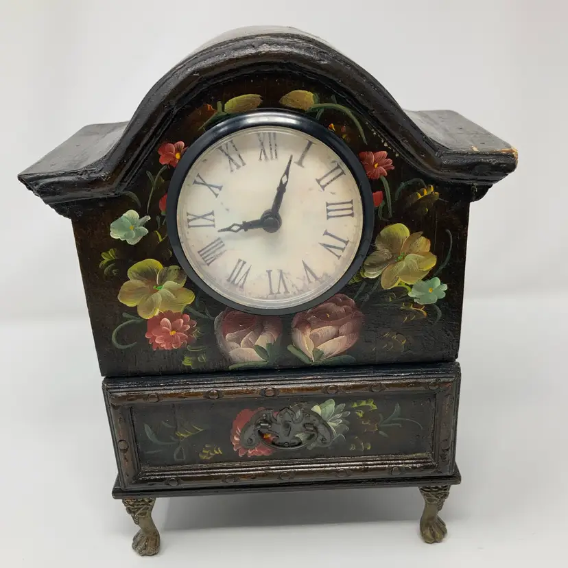 Antique Victorian Era Mantel Clock  With Drawer! Painted Florals!  9 1/2” Tall! READ! As Is, As Seen In Pictures! Clock Untested!