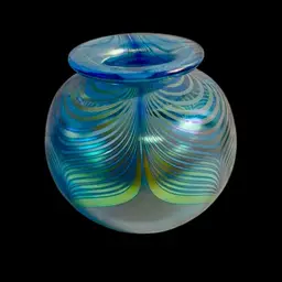 Stuart Abelman Pulled Feather Smoke Blue Iridescent Art Glass Vase 5 3/5” Signed No Noted Flaws