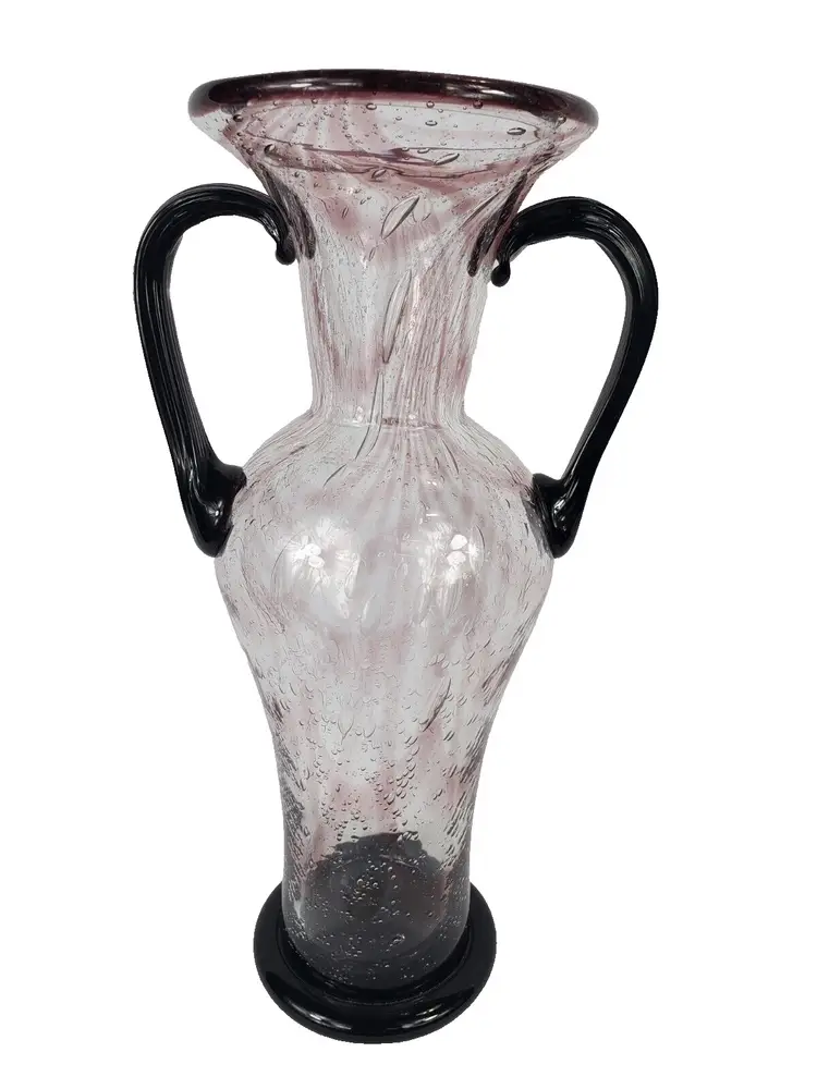 Hand Blown Art Glass Water Drop Design Swirled Purple Clear Black Handled Vase