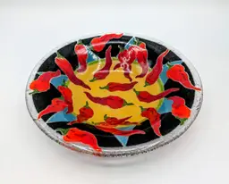 Peggy Karr Fused Glass Chili Pepper Bowl Signed Dated 8.5" Art Glass