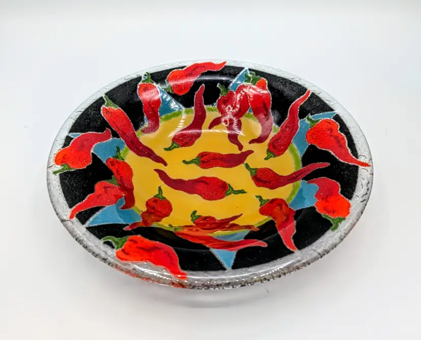 Peggy Karr Fused Glass Chili Pepper Bowl Signed Dated 8.5" Art Glass