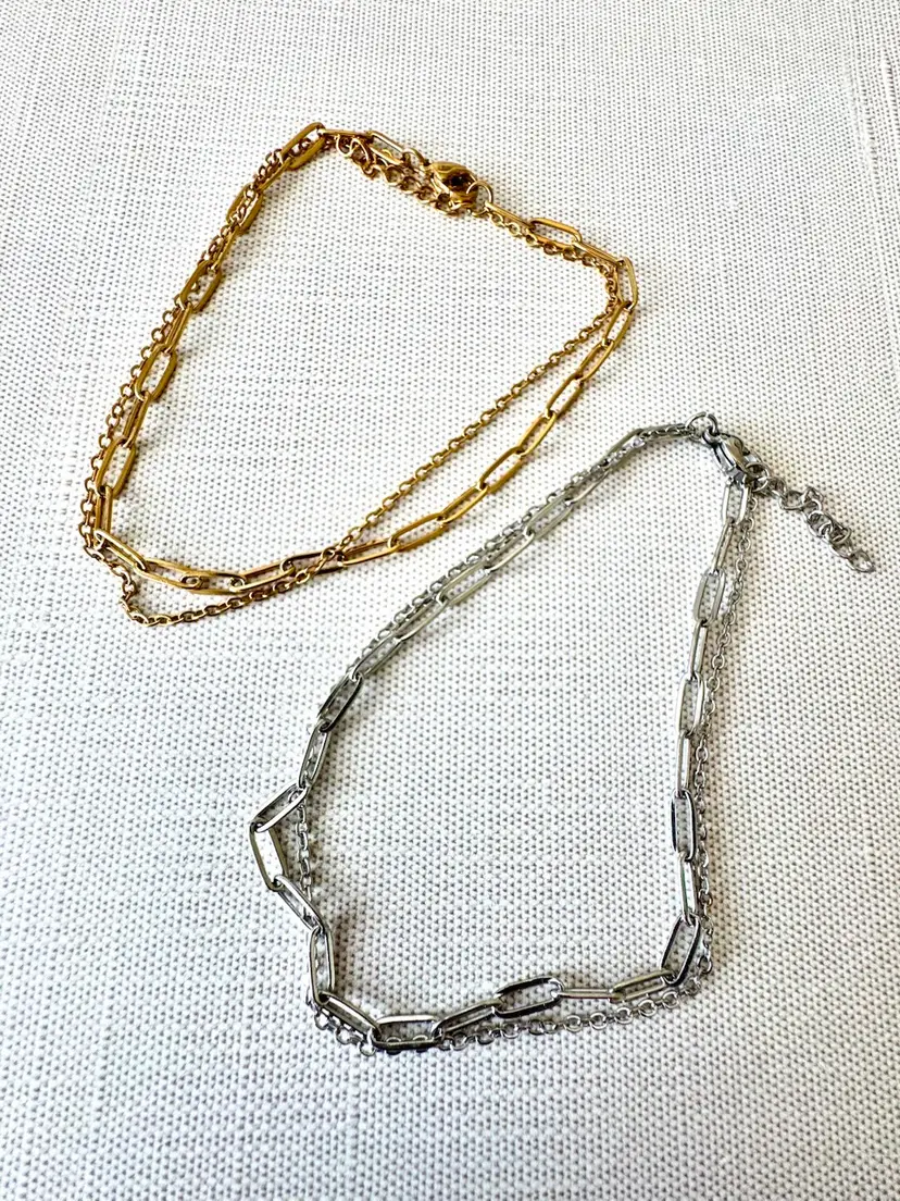 18K Gold PVD Stainless Steel or Stainless Loop And Paperclip Anklet #104g