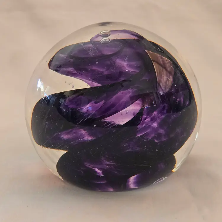 Paperweight Swirl Art Glass Purple 3" diameter Signed (Unreadable) Rough Pontil