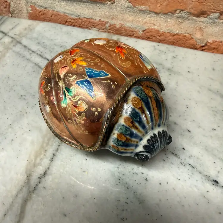 Mexico Art Pottery Hand Painted Copper Beetle Signed