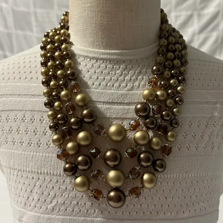 Vintage Japan Four Strand Shades Of Green And Goldish Brown Acrylic And Glass Beaded Necklace