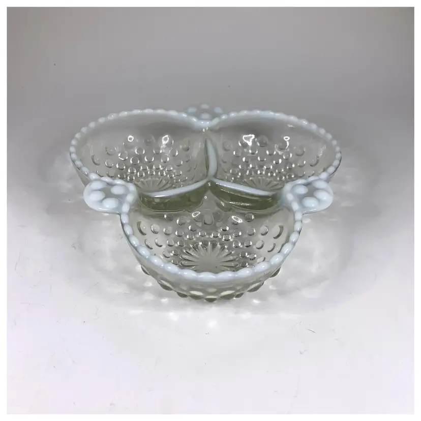 40s Hobnail Opalescent Candy Dish Clear White 3 Section Divided Vintage Mid Century