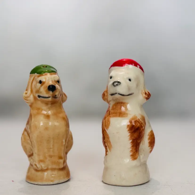 Vintage Ceramic Dog Salt & Pepper Shakers with Hats – Made in Japan