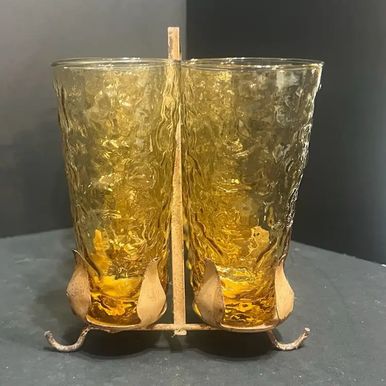 MARKDOWN! Set Of 8 Vintage Indiana Glass Lido Milano Crinkle Amber with Amazing Metal Carrying Rack