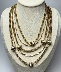 CORO Signed 8 Strand Vintage Gold Tone Necklace MCM Fluted Balls 1960s Jewelry