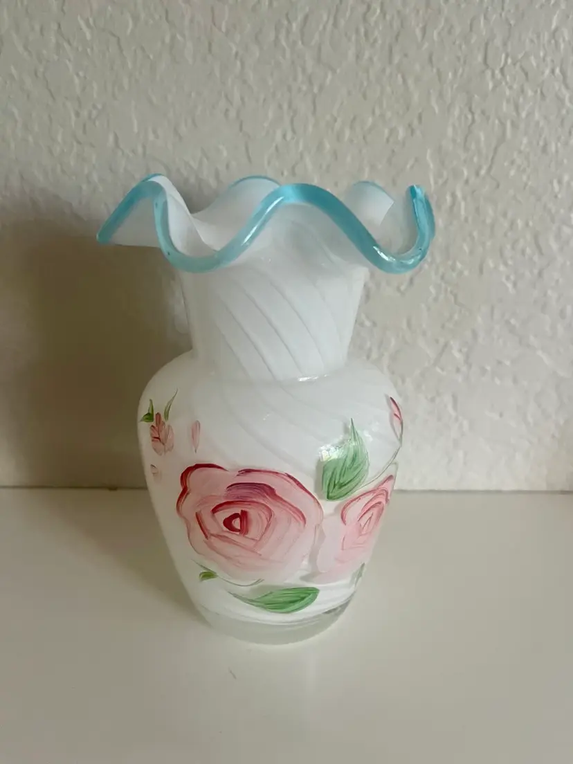 Vintage Hand Painted Fenton Pinched Glass Floral Vase