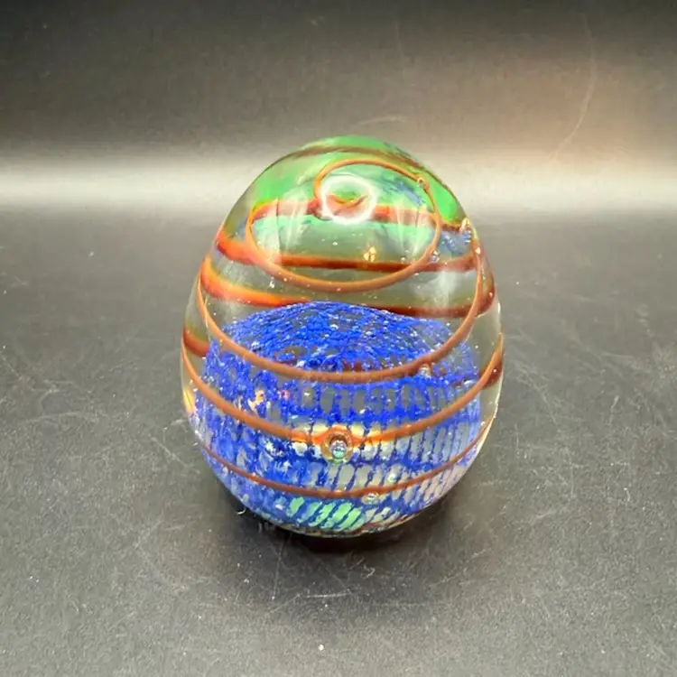 Vintage 1960s Hand-Blown Art Glass Paperweight with Blue, Green, and Red Ribbons