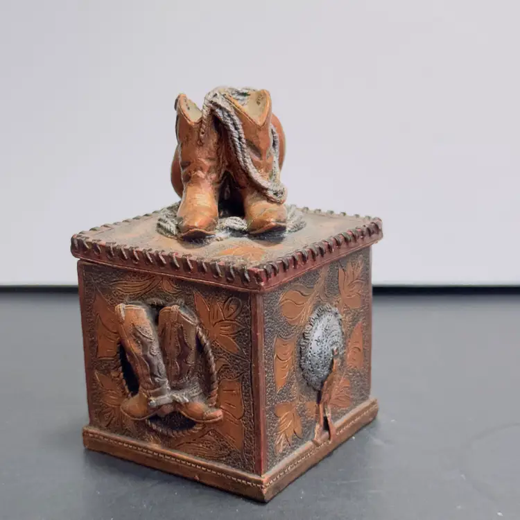 #1334 Western Heritage Box FIGI Country Leather Look Trinket Box, Cowboy hat, rope and boots,