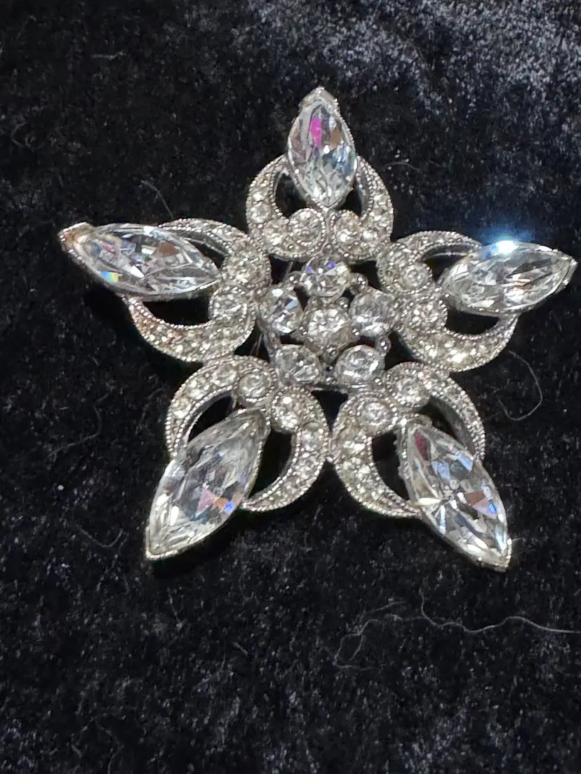Rare Art Deco Pot Metal & Rhinestone Rhodium Plated Star Brooch Signed Bogoff -2"