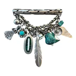 Sandra Burton Lapelle  dangle sterling pin turquoise Indian Moteef