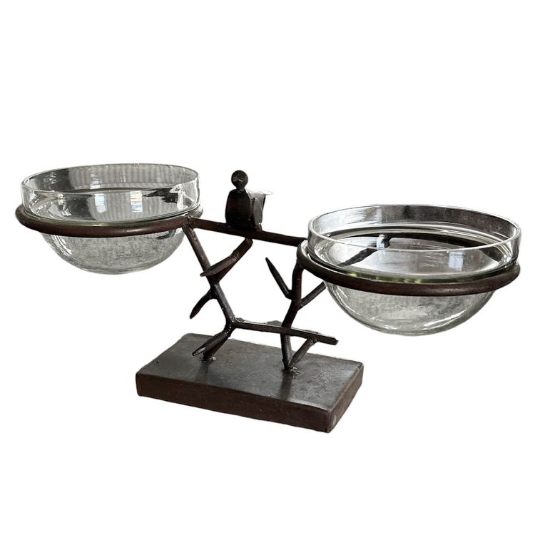Metal Bronze Colored Bird Figurine with Dual Clear Glass Planter or Candy / Nut Bowls