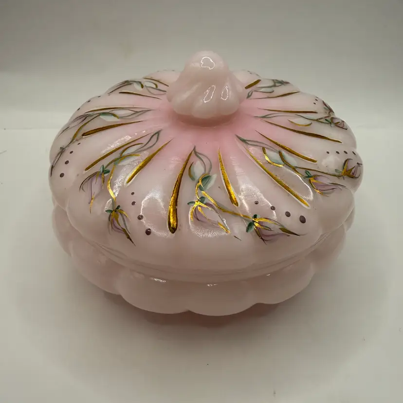 Fenton Rosalene Hand Painted Powder Puff Jar 4.5x3”