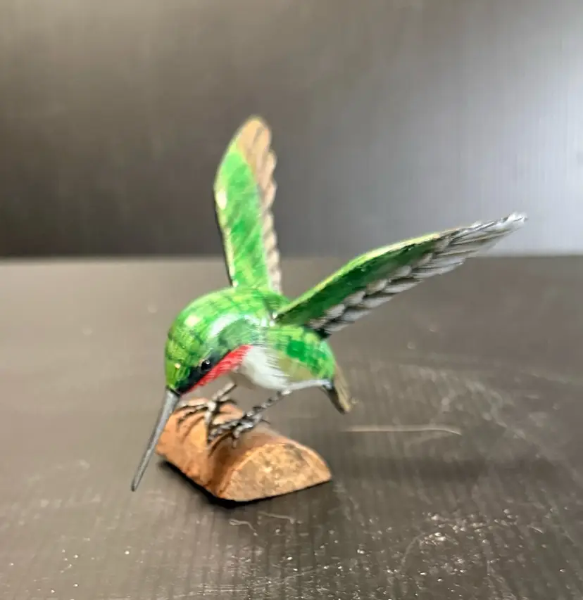 VTG Hand Carved Painted Wood HUMMINGBIRD Figurine Sculpture Wood Base