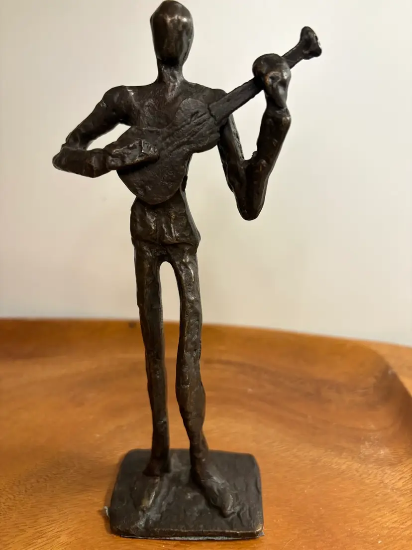 Vintage MCM Brutalist Cast Bronze Sculpture Guitar Player Figure Statue 7.5"