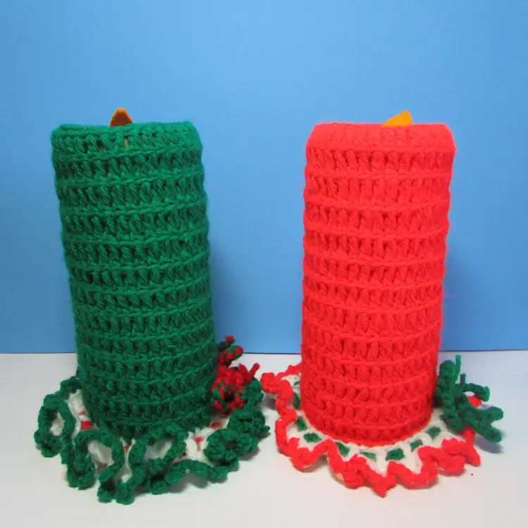lot of 2 hand crochet candles red and green Christmas decor 9" tall