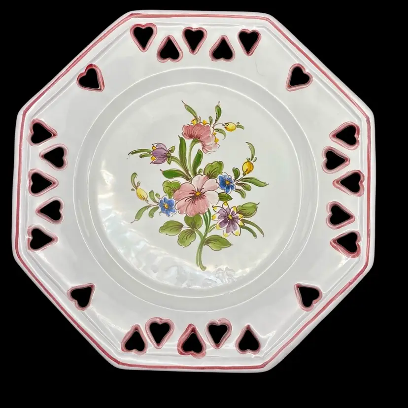 Serrailler a Moustiers, France, Hand Painted, Reticulated Hearts Octagonal Plate