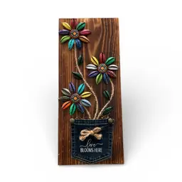 Love Blooms Here Bottle Cap Flowers with Denim Pocket On Wood Plaque