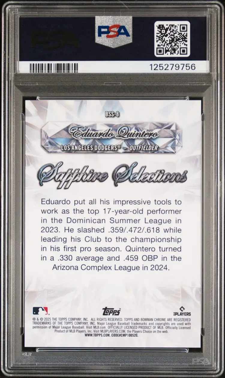 Eduardo Quintero Bowman Sapphire Selections PSA 10 (Pop 2) Los Angeles Dodgers