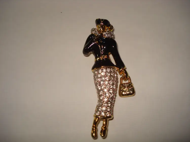 Vintage Enamel Rhinestone High fashion Lady Brooch Pin   Purse Dangles!